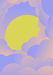 Morning among clouds illustration poster. Beautiful sunrise or sunset in violet cloudscape.