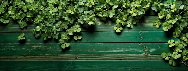 Four-leaf clovers arranged on a vibrant green wooden background, symbol of good fortune and luck, St. Patrick's Day motif, florar background, website header with copy space. Generative AI