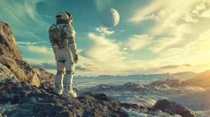 Fotobehang An astronaut in a space suit exploring a distant planet's surface, futuristic space exploration concept, alien landscape. Resplendent. © Summit Art Creations
