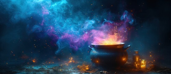 cauldron with potion and different magic - obrazy, fototapety, plakaty