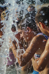 Crowds of people refresh themselves in the fountain's jets on a hot summer day in the city.