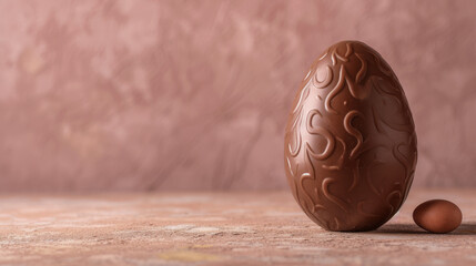 A beautifully crafted chocolate Easter egg presented on a subtle pink background, invoking holiday celebration