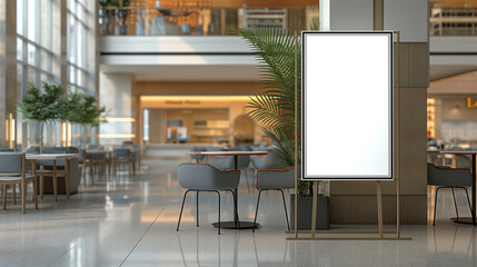 Poster stand mockup, standing in shopping mall. Poster stand example with empty space. Template for copy