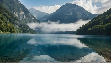 Fototapeta na wymiar Idyllic blue lake with the misty mountain