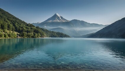 Idyllic blue lake with the misty mountain