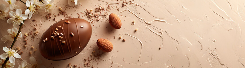 A delicious chocolate Easter egg adorned with almonds on a creamy textured background, symbolizing indulgence and festivities