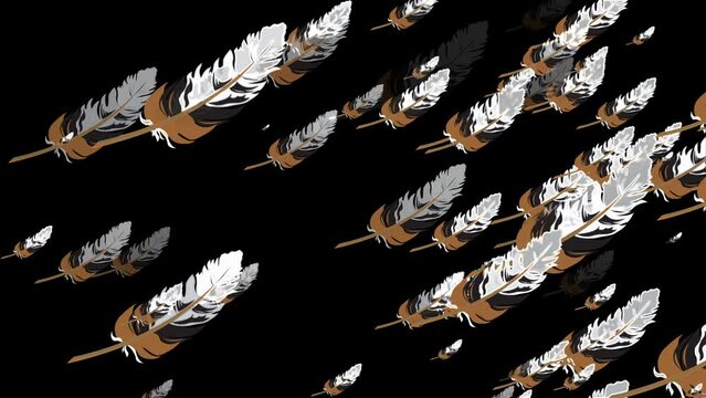 artistic feathers transition. Beautiful texture of many flying feathers for using in composition, on black background isolated. Screen mode for blending or transitions. easy to use.