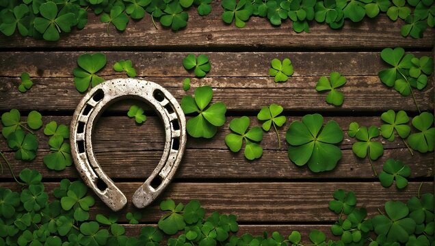 Lucky horseshoe surrounded by four-leaf clover, St. Patrick's Day symbol, good luck concept, symbolizing luck and prosperity, website header with copy space, Generative AI