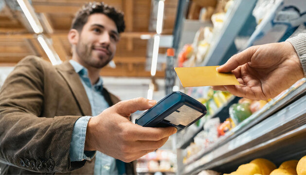 Close up na mão de um homem segurando uma máquina de passar cartão e detalhe de mão segurando um cartão de crédito em um supermercado.