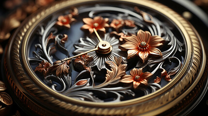 Fototapeta na wymiar Precious Metal Engraving: Intricate floral metalwork details with coloured enamel.