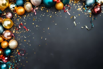Top view of a festive setting adorned with colorful decorations, creating an inviting background with ample space for text creativity.