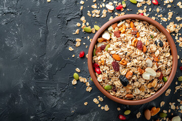 musli in bowl top view free space, copy space --ar 3:2 --v 6 Job ID: a005ade4-1018-45d8-9cba-576c63193cc3