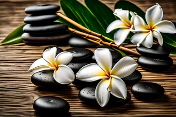 Fototapeta na wymiar spa stones with frangipani flower, Immerse yourself in the serenity of a spa or meditation massage therapy center, where the delicate petals of white plumeria flowers cascade in a tranquil display