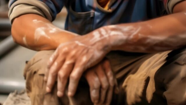 A construction worker with scars on his hands and legs from various accidents on the job. Despite the physical toll, he loves his job and takes pride in being able to build and create with