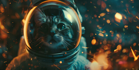 Tabby cat in astronaut helmet and suit against bokeh background with fire sparkles. Space exploration and pet concept. Banner with copy space for Cosmonautics Day event.  - obrazy, fototapety, plakaty