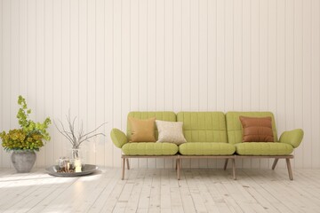 White living room with sofa. Scandinavian interior design. 3D illustration