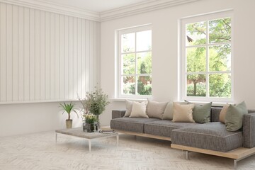 Contemporary classic white interior with furniture and decor and summer landscape in window. Scandinavian interior design. 3D illustration