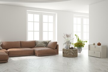 White scandinavian interior design with sofa. 3D illustration