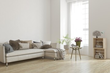 White living room with sofa. Scandinavian interior design. 3D illustration
