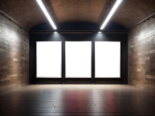 Two empty advertising banner mockups in an underground tunnel outdoor media display space lightbox 6 sheet template design.