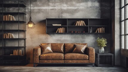 Living room loft interior in industrial style with brown sofa and bookshelf. 