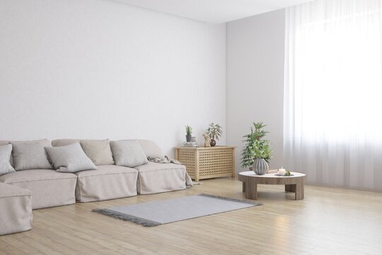 White living room with sofa. Scandinavian interior design. 3D illustration