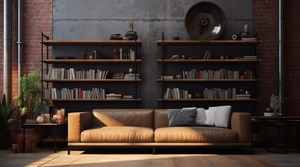 Living room loft interior in industrial style with brown sofa and bookshelf. 