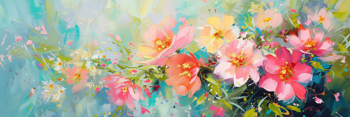 Illustration. Blooming spring. Background of multi-colored flowers.