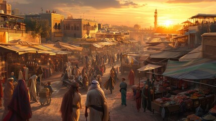 The warm glow of sunset bathes a traditional Moroccan market, where locals engage in commerce amid vibrant stalls and goods. Resplendent. - obrazy, fototapety, plakaty