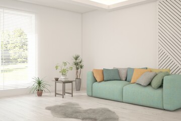 White living room with sofa. Scandinavian interior design. 3D illustration
