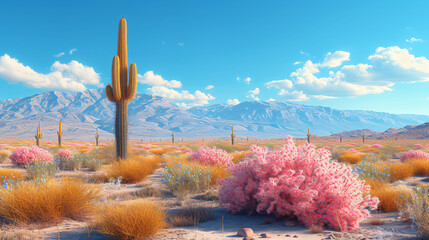 cactus, desert plants and grasses on a desert background, in the style of glitchcore, photo-realistic landscapes
