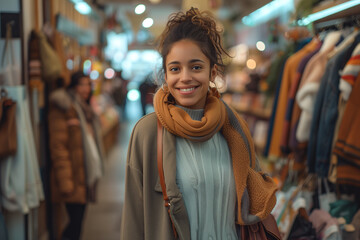Obraz premium Smiling young woman holding purse while standing in store