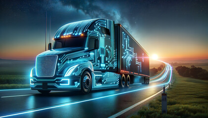 A high-tech semi-truck adorned with glowing circuit patterns speeds down a highway at twilight, representing the future of transportation, AI-generated.
