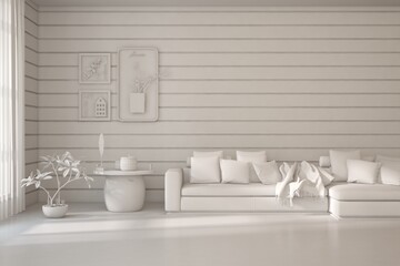 Grey living room concept with sofa. 3D illustration