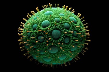 a green cell of the influenza virus on a black background. three-dimensional illustration