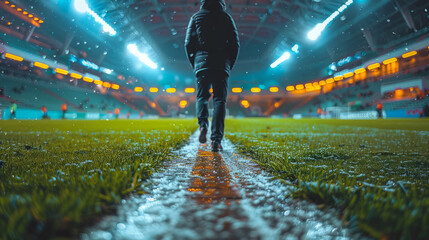 soccer player coming out of the tunnel onto the pitch of the football stadium,generative ai