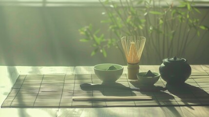 Zen and the Art of Matcha. Traditional Japanese Tea Set with Whisk, Bowl, and Vibrant Green Powder on Bamboo Mat. Fine Green Tea Powder in Ceramic Bowl with Bamboo Whisk.
