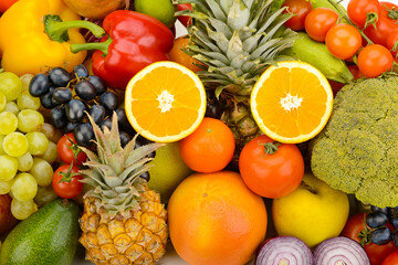 Assorted fresh ripe fruits and vegetables. Food concept background. - 747481624