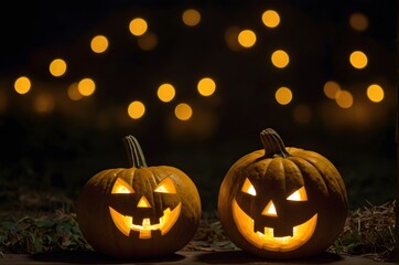 Dos calabazas naranjas de hallowen sonrientes encendidas  sobre el pasto en la noche al fondo luces con efecto bokeh. Linternas de calabaza, imagen con espacio para copiar