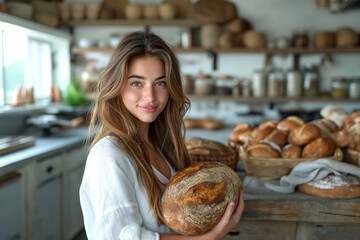 Young woman holding loaf of bread while standing in kitchen