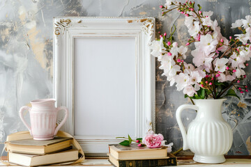Fototapeta na wymiar Empty White Frame with pink and white flowers Mock up 