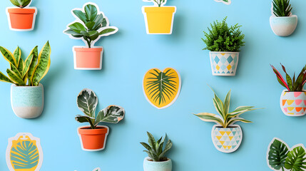 Create a sticker sheet with plants in pots and leaves on a light blue background, sticker outline - obrazy, fototapety, plakaty