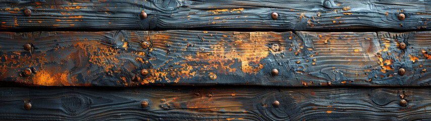 Close up of aged wooden planks with rustic charm and vibrant orange accents, illustrating texture and time
