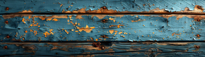 This rustic image showcases an aged blue wooden surface with peeling paint, highlighting textures that evoke nostalgia and time's passage