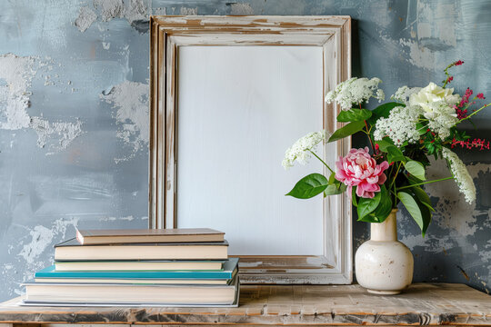 Empty White Frame with pink and white flowers Mock up 