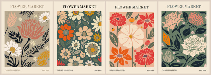 Set of abstract Flower Market posters. Trendy botanical wall arts with floral design in danish pastel colors. Modern naive groovy funky interior decorations, paintings. Vector art illustration. - obrazy, fototapety, plakaty