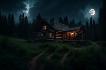 , rustic cabin in the woods on a cloudy, moonlit night - obrazy, fototapety, plakaty