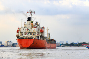 Fototapeta premium ocean liner, Cargo Ship, Thanker going to port in thai gulf zone near samutprakarn province, Thailand.