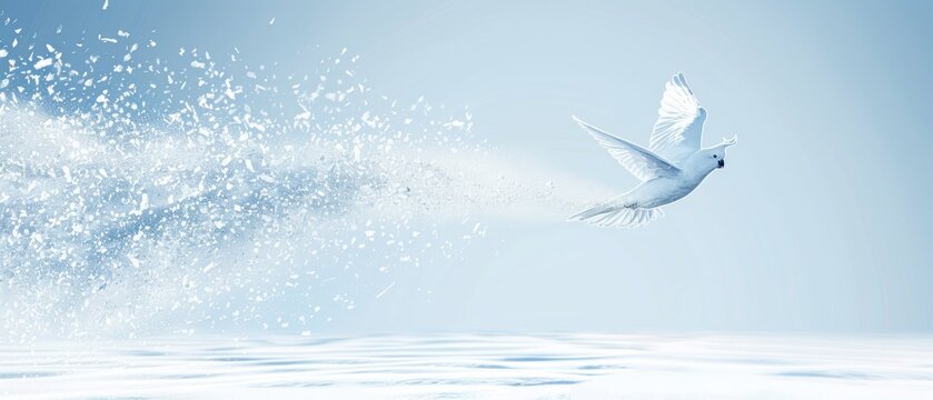 a white bird flying through the air with a spray of water on it's back and a blue sky in the background.
