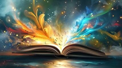 artist's depiction of an open book with creative elements flowing out, symbolizing the power of literature and imagination